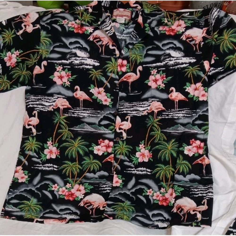 RJC Hawaiian Made Shirt Mens 3XL Black Pink Flamingo Palm Tree Hibiscus NWOT